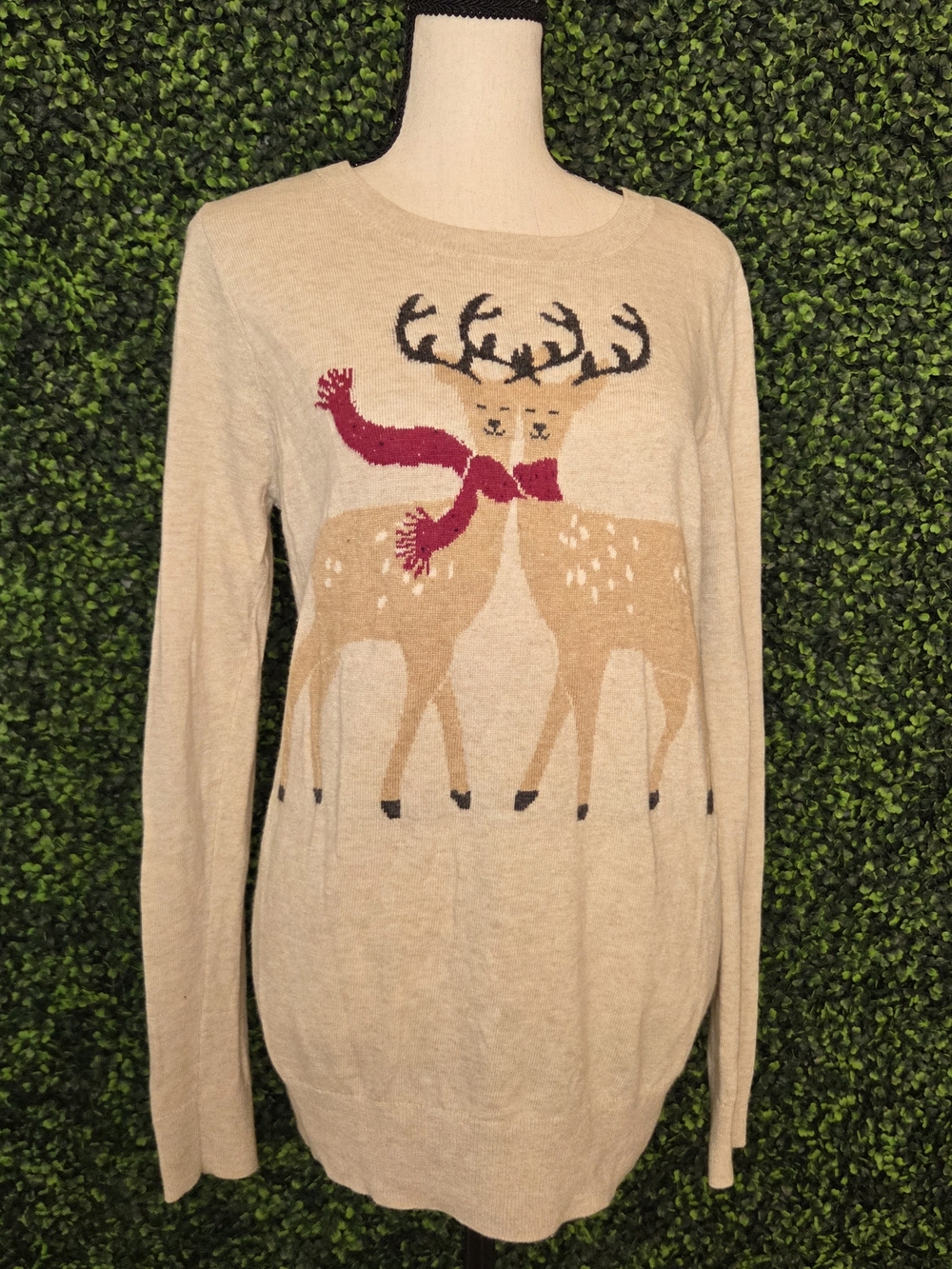 LOFT Reindeer Graphic Sweater Beige & Red Medium